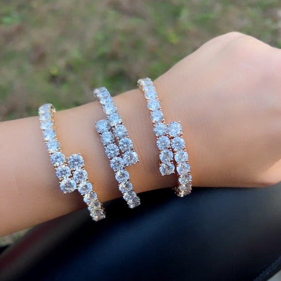 Bracelet 14k Gold Plated Real Crystal Adjustable Cuff Luxury Jewelry - Picture 6 of 11